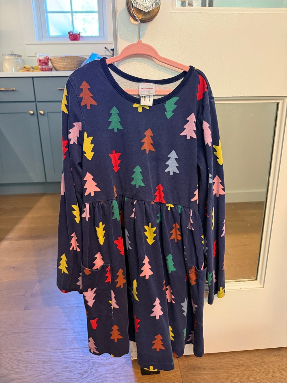 Hanna Andersson Navy Multicolor Tree Print Long Sleeve Dress